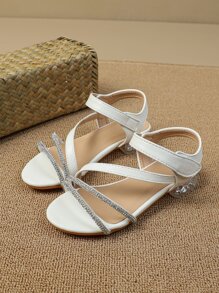 Girls Rhinestone Decor Chunky Heeled Ankle Strap Sandals, Glamorous Outdoor Heeled Sandals - White - View 3