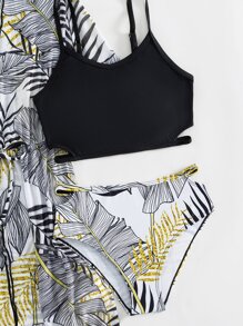 Conjunto de bikini con estampado tropical y kimono a juego para niña preadolescente, verano playa - Multicolor - Ver 4