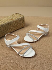 Girls Rhinestone Decor Chunky Heeled Ankle Strap Sandals, Glamorous Outdoor Heeled Sandals - White - View 5