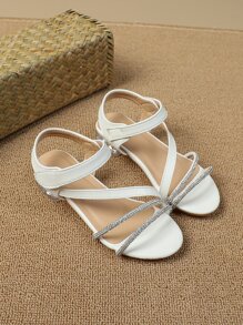 Girls Rhinestone Decor Chunky Heeled Ankle Strap Sandals, Glamorous Outdoor Heeled Sandals - White - View 6