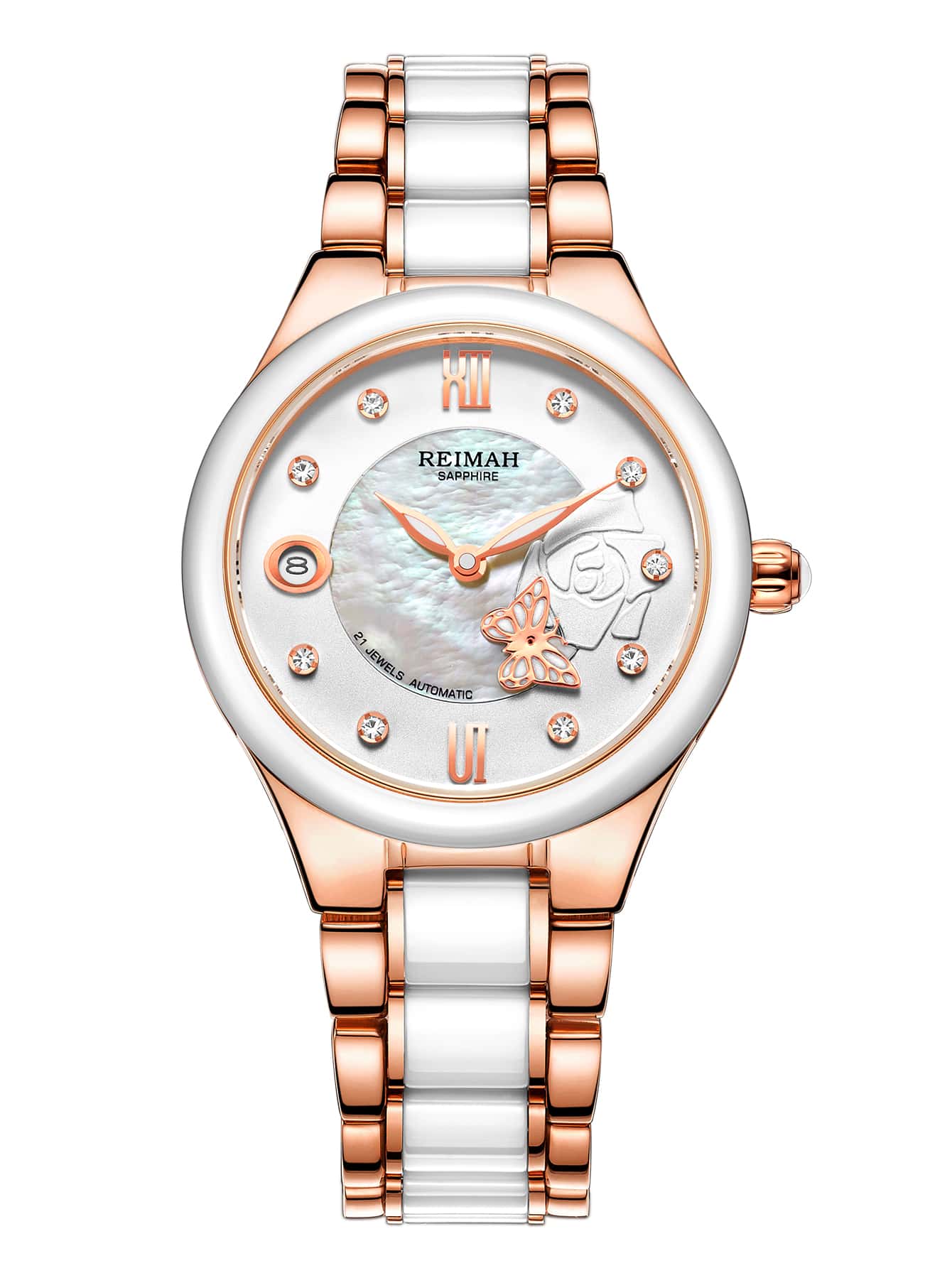 FANSICHEN 1pc Women Two Tone Stainless Steel Strap Glamorous Date Water Resistant Rhinestone Decor Round Dial Mechanical Watch, For Daily Life - Multicolor - View 1