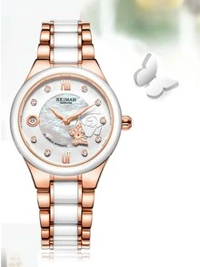 FANSICHEN 1pc Women Two Tone Stainless Steel Strap Glamorous Date Water Resistant Rhinestone Decor Round Dial Mechanical Watch, For Daily Life - Multicolor - View 2