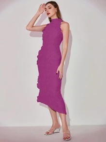 Modelyn Đầm Bất đối xứng Nút Xù màu trơn Thanh lịch - Màu tím - Xem 3