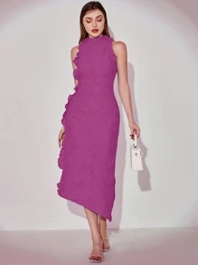 Modelyn Đầm Bất đối xứng Nút Xù màu trơn Thanh lịch - Màu tím - Xem 4