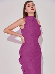 Modelyn Đầm Bất đối xứng Nút Xù màu trơn Thanh lịch - Màu tím - Xem 6