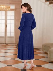 Modelyn V領燈籠袖抽褶腰亮片洋裝