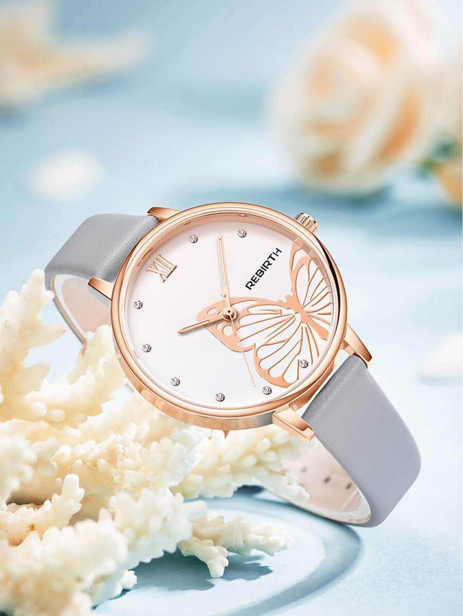 蝴蝶圖案錶盤石英表 - 灰色 - 查看 1