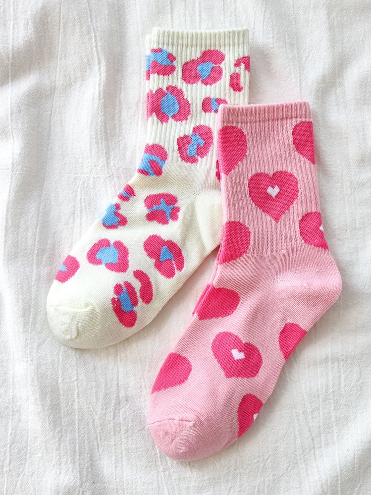 2pairs Heart Print Crew Socks - Multicolor - View 7