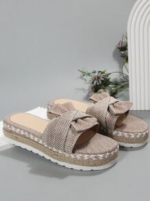 Women Bow Decor Wedge Sandals, Fabric Vacation Sandals - Apricot - View 3