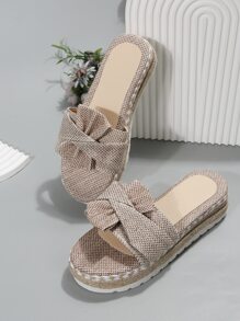 Women Bow Decor Wedge Sandals, Fabric Vacation Sandals - Apricot - View 4