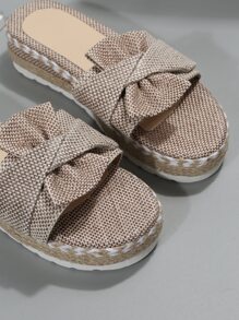 Women Bow Decor Wedge Sandals, Fabric Vacation Sandals - Apricot - View 6