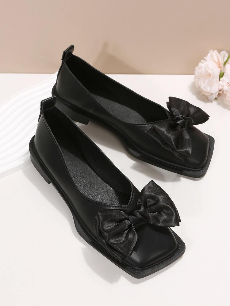 Chaussures plates à nœud papillon à bout carré à la mode noir - Noir - Voir 5