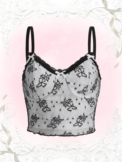 Cami Top mit Schmetterling Muster, Kontrast Spitzen