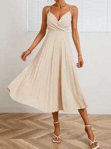 Aveloria Solid Pleated Hem Cami Dress Semi Formal Dress - Beige - View 3