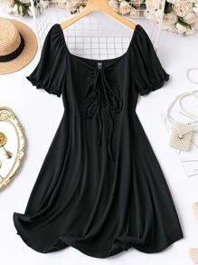 SHEIN LUNE Đầm Plus Size Dây kéo viền lá sen Xù màu trơn Giải trí - màu đen - Xem 1