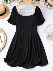 SHEIN LUNE Đầm Plus Size Dây kéo viền lá sen Xù màu trơn Giải trí - màu đen - Xem 2