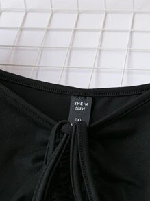 SHEIN LUNE Đầm Plus Size Dây kéo viền lá sen Xù màu trơn Giải trí - màu đen - Xem 3