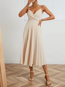 Aveloria Solid Pleated Hem Cami Dress Semi Formal Dress - Beige - View 5