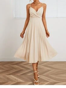 Aveloria Solid Pleated Hem Cami Dress Semi Formal Dress - Beige - View 6