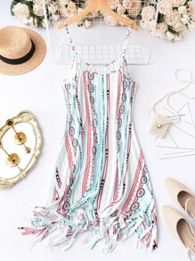 SHEIN Holidaya 大碼幾何和條紋圖案流蘇下擺吊帶洋裝 - 彩色 - 查看 2