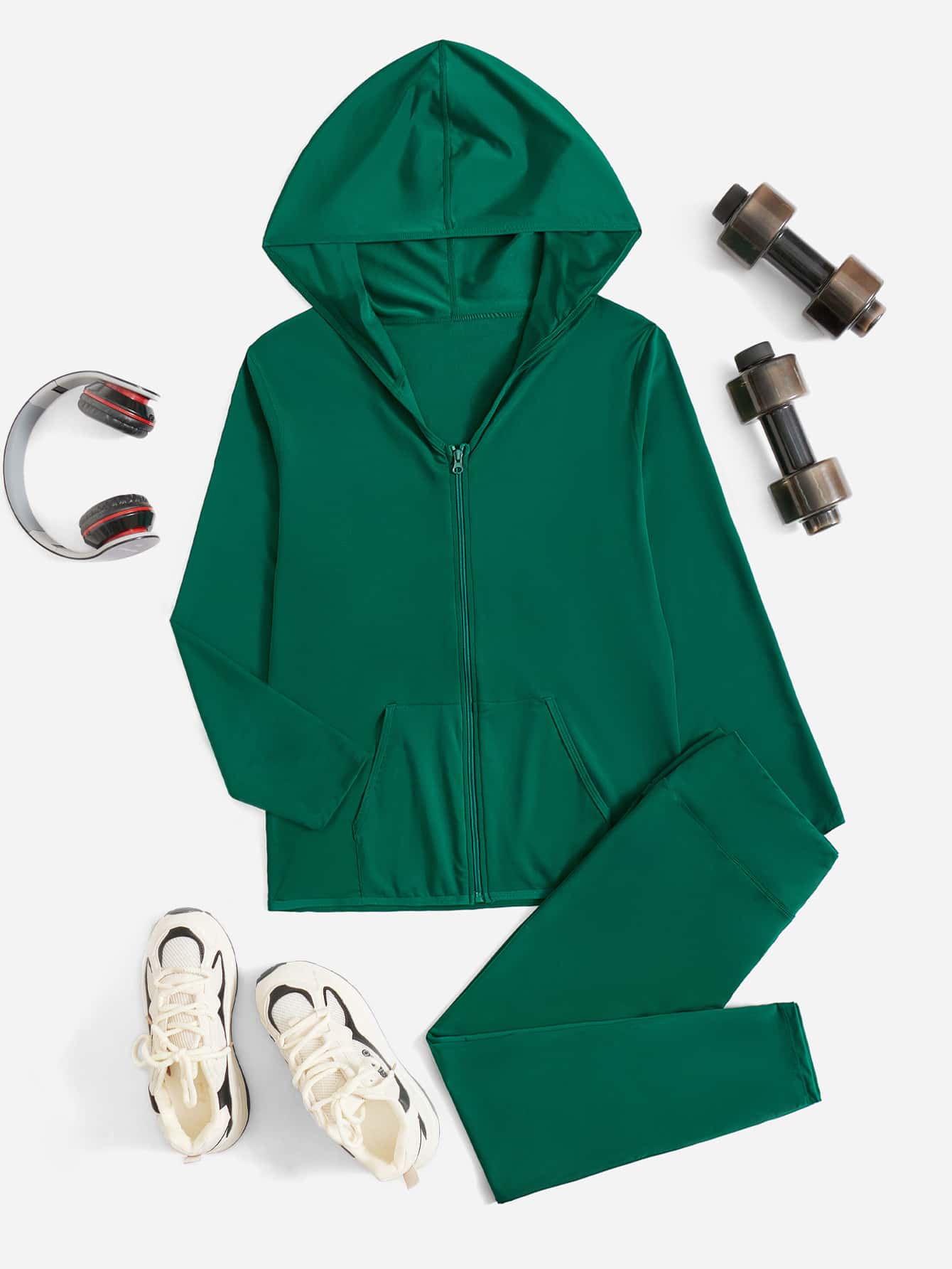 Plus Zip Up Hooded Sports Jacket & Leggings - Green - View 1