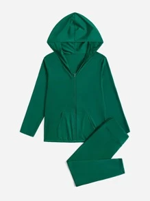 Plus Zip Up Hooded Sports Jacket & Leggings - Green - View 4