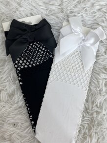 2 đôi Vớ thủy thủ đoàn lưới cá trang trí nơ thời trang cho nữ, cho cuộc sống hàng ngày - Đen và trắng - Xem 1
