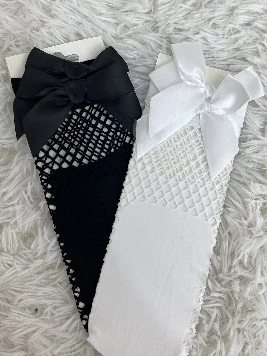 2 đôi Vớ thủy thủ đoàn lưới cá trang trí nơ thời trang cho nữ, cho cuộc sống hàng ngày - Đen và trắng - Xem 1