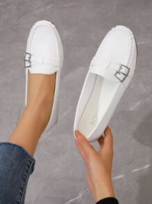 女士搭扣裝飾平底時尚白色平底鞋 - 白色 - 查看 1