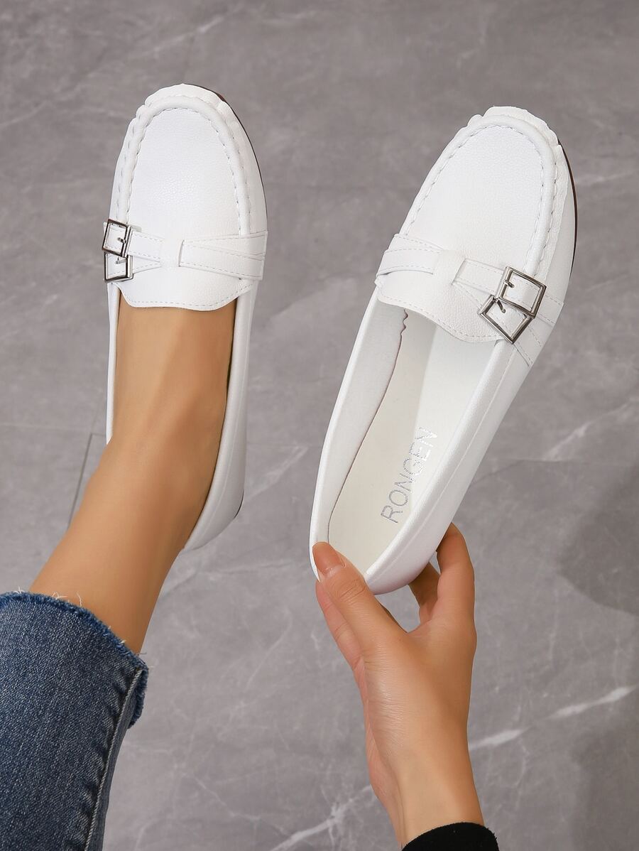 女士搭扣裝飾平底時尚白色平底鞋 - 白色 - 查看 1