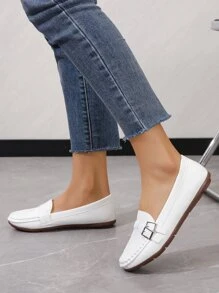 女士搭扣裝飾平底時尚白色平底鞋 - 白色 - 查看 5