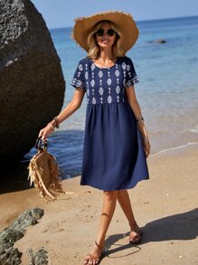 EMERY ROSE 印花娃娃裙 - 藍色 - 查看 3