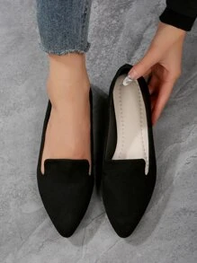 Women Point Toe Flat Loafers, Elegant Black Faux Suede Flat Shoes - Black - View 2