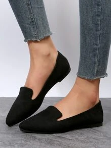 Women Point Toe Flat Loafers, Elegant Black Faux Suede Flat Shoes - Black - View 3