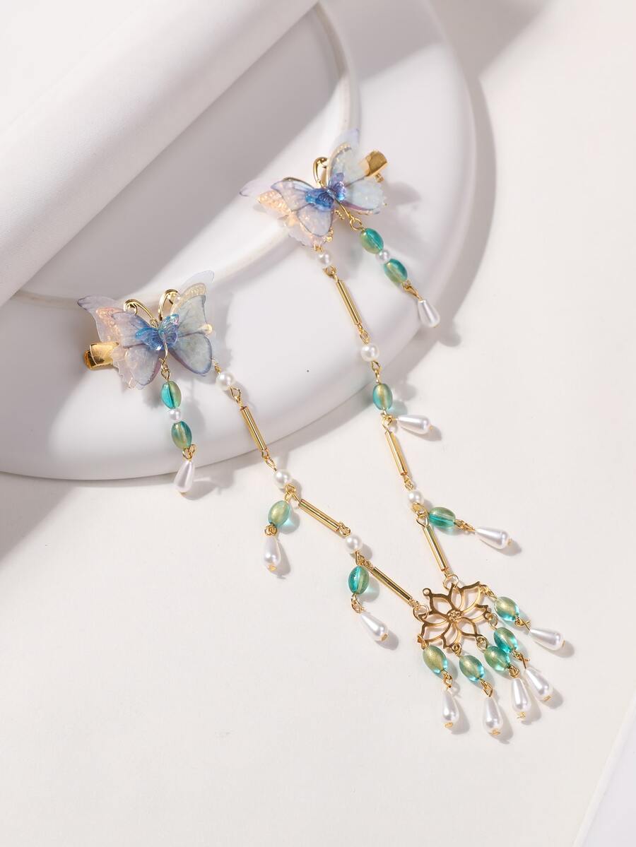 2入組蝴蝶和人造珍珠裝飾髮夾 - 彩色 - 查看 1