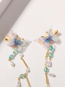 2入組蝴蝶和人造珍珠裝飾髮夾 - 彩色 - 查看 2