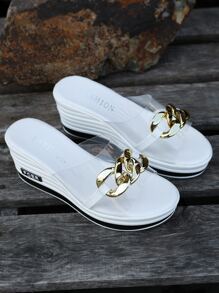 女士透明帶鏈條裝飾時尚戶外坡跟涼鞋 - 白色 - 查看 2