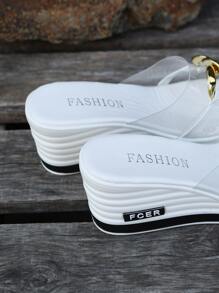 女士透明帶鏈條裝飾時尚戶外坡跟涼鞋 - 白色 - 查看 3