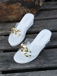 女士透明帶鏈條裝飾時尚戶外坡跟涼鞋 - 白色 - 查看 4