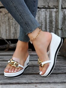 女士透明帶鏈條裝飾時尚戶外坡跟涼鞋 - 白色 - 查看 6