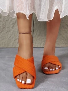 Women Criss Cross Slide Sandals, Funky Outdoor Neon Orange Fabric Flat Sandals - Orange - View 4