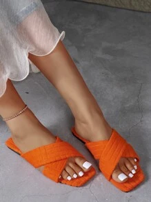 Women Criss Cross Slide Sandals, Funky Outdoor Neon Orange Fabric Flat Sandals - Orange - View 5