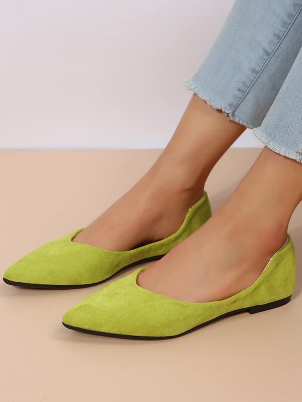 Women Point Toe Ballet Flats, Fashionable Green Faux Suede Flat Shoes