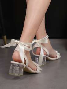 Women Bow & Faux Pearl Decor Heeled Sandals, Ankle Strap Clear Chunky Heeled Fashionable Sandals Valentines