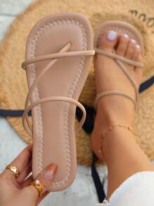 planare 女士杏色交叉绑带平底凉鞋，时尚夏季款 - 卡其色 - 查看 1