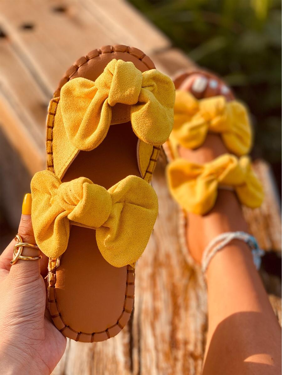 planare 女式蝴蝶結裝飾麻底平底涼鞋度假人造麂皮拖鞋沙灘涼鞋 - 黃色 - 查看 1
