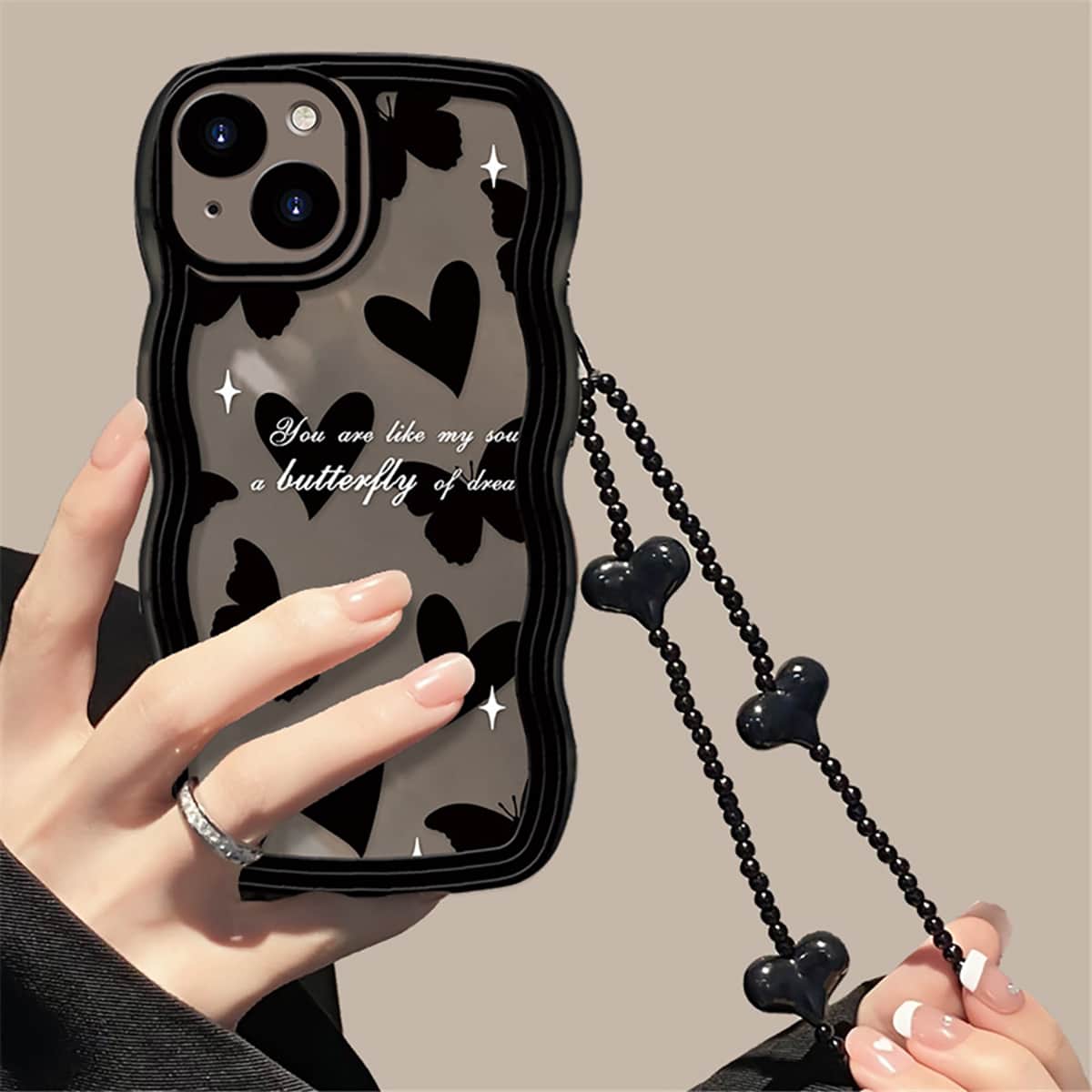 Cell Phone Lanyards Wave Black Heart Butterfly + Bracelet Compatible With Apple IPhone 15/15Pro