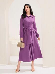 Mulvari Solid Knot Front Shirt Dress - Purple - View 1
