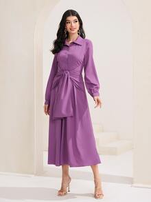 Mulvari Solid Knot Front Shirt Dress - Purple - View 3