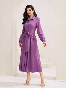 Mulvari Solid Knot Front Shirt Dress - Purple - View 4